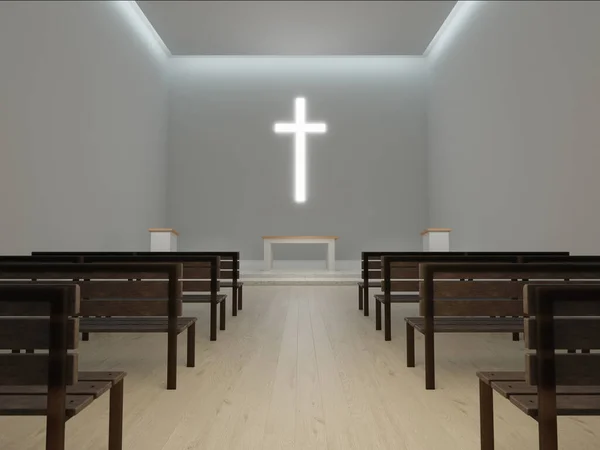 Generieke Moderne Kerk Interieur Rendering Grote Gloeiende Christelijke Kruis Hedendaagse Rechtenvrije Stockfoto's