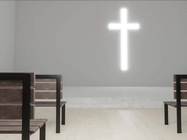 一般的な現代教会3Dレンダリング 空のシーンの上に大きな輝くキリスト教の十字架 現代の祈りの家イラスト 宗教的なテーマ ロイヤリティフリーのストック写真