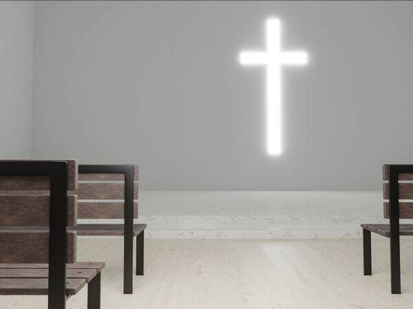 Generic Modern Church Rendering Large Glowing Christian Cross Empty Scene Royalty Free Stock Photos