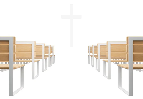 通用的现代教堂3D渲染 巨大的闪亮的基督教十字架 具有孤立背景 宗教主题的当代祈祷屋插图 图库照片