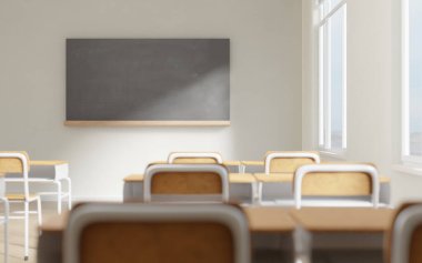 İlkokul ya da ortaokul genel sınıfı, çevrimdışı çalışma, 3D görüntüleme. Doğrudan güneş ışığı alan, sığ bir alan derinliğindeki lise sınıfının dijital illüstrasyonu