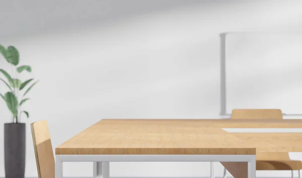 现代办公环境 3D渲染模拟 集中在办公桌上 有木制桌子的开放式办公室的数字图像 图库照片