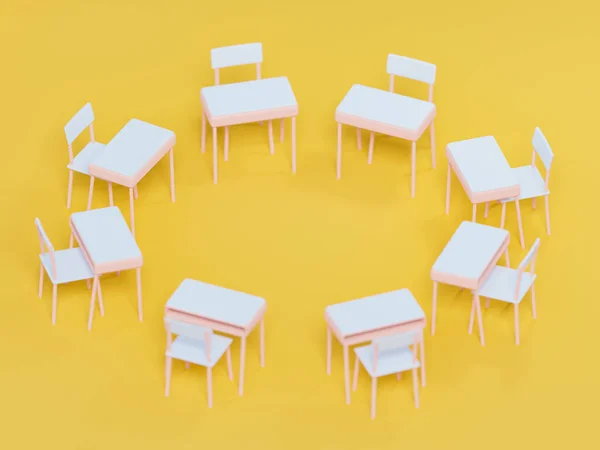 格式化小学课桌和椅子组 3D渲染 在生机勃勃的背景下的学前或儿童园艺团的数码图解 图库图片