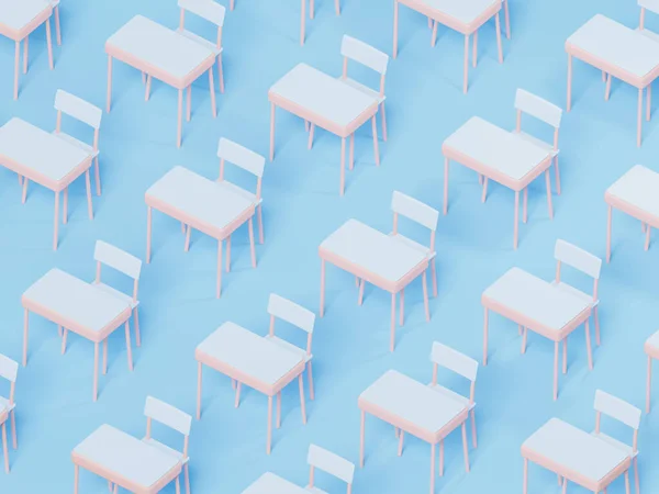 格式化小学课桌和椅子样式 3D渲染 在生机勃勃的背景下的学前或儿童园艺团的数码图解 图库图片