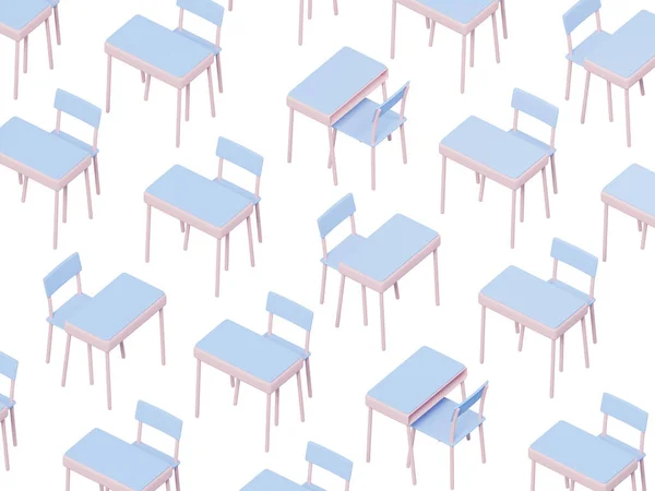 格式化小学课桌和椅子样式 3D渲染 隔离背景下的学前或儿童园圃群的数字图像 图库照片