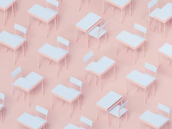格式化小学课桌和椅子样式 3D渲染 粉红背景的学前或幼稚园团体的数码图解 图库图片