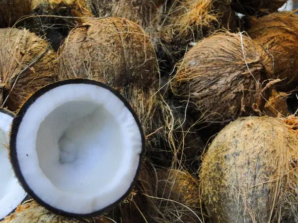 Birkaç taze hindistan cevizinin yakın plan fotoğrafı, sert, dokulu dış kabukları ve içindeki kremalı beyaz eti ortaya çıkaran çatlak bir hindistan cevizi.. 