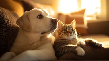 Köpek, kedi, kanepe, ev, güneş ışığı, arkadaşlık, iç mekan, sıcaklık.