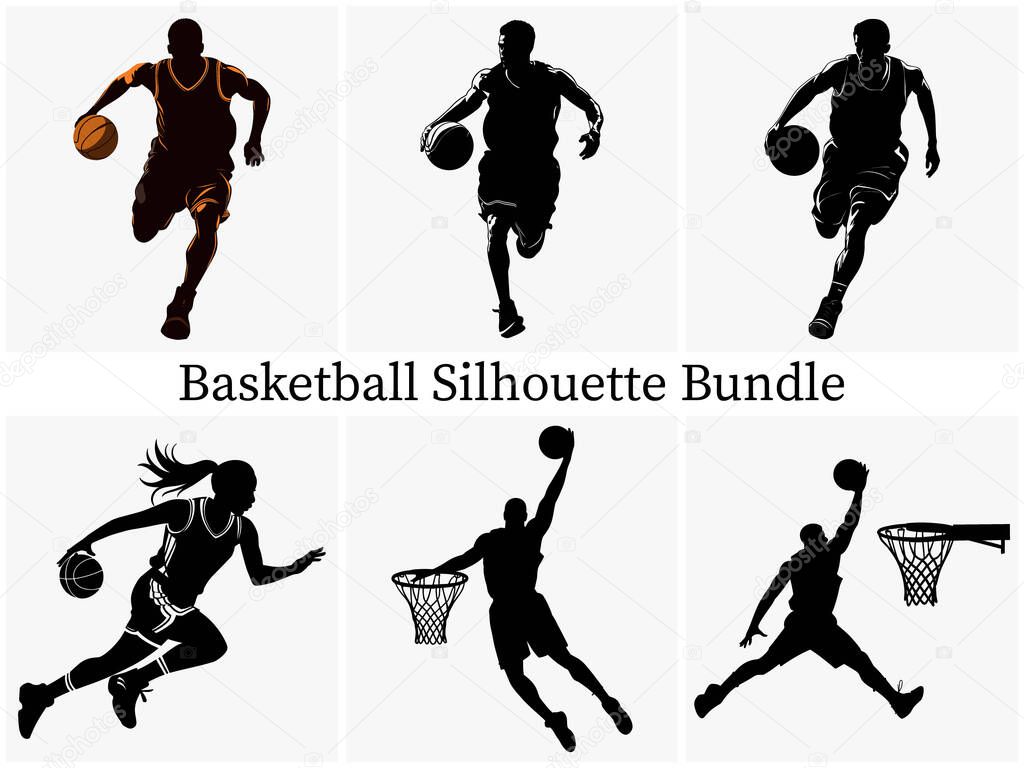 Minimalist Basketball Silhouette Clipart SVG Bundle Design, Basketball Playing Action, Jumping Silhouette, Basketball Black Vector Illustration