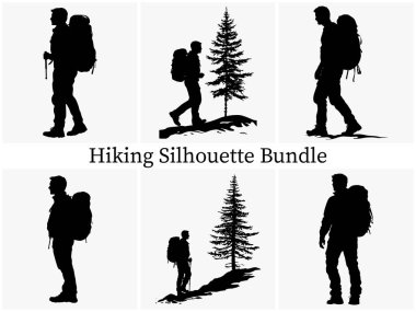 Outdoor Hiking Silhouette Clipart SVG Paket Tasarımı. Epic Hiking Silhouette Macerası, Sırt çantalı Siluet, Günbatımında Yürüyüşçünün Silueti, Gündoğumu Trekking Silhouette, Hiking Silhouette Koleksiyonu