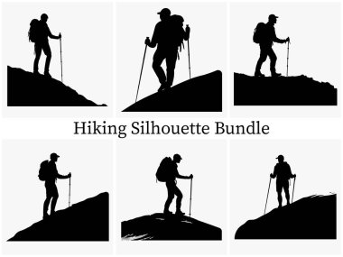 Outdoor Hiking Silhouette Clipart SVG Paket Tasarımı. Epic Hiking Silhouette Macerası, Sırt çantalı Siluet, Günbatımında Yürüyüşçünün Silueti, Gündoğumu Trekking Silhouette, Hiking Silhouette Koleksiyonu