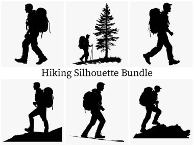 Outdoor Hiking Silhouette Clipart SVG Paket Tasarımı. Epic Hiking Silhouette Macerası, Sırt çantalı Siluet, Günbatımında Yürüyüşçünün Silueti, Gündoğumu Trekking Silhouette, Hiking Silhouette Koleksiyonu
