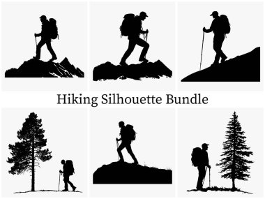 Outdoor Hiking Silhouette Clipart SVG Paket Tasarımı. Epic Hiking Silhouette Macerası, Sırt çantalı Siluet, Günbatımında Yürüyüşçünün Silueti, Gündoğumu Trekking Silhouette, Hiking Silhouette Koleksiyonu