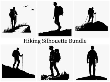 Outdoor Hiking Silhouette Clipart SVG Paket Tasarımı. Epic Hiking Silhouette Macerası, Sırt çantalı Siluet, Günbatımında Yürüyüşçünün Silueti, Gündoğumu Trekking Silhouette, Hiking Silhouette Koleksiyonu