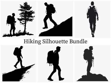 Outdoor Hiking Silhouette Clipart SVG Paket Tasarımı. Epic Hiking Silhouette Macerası, Sırt çantalı Siluet, Günbatımında Yürüyüşçünün Silueti, Gündoğumu Trekking Silhouette, Hiking Silhouette Koleksiyonu