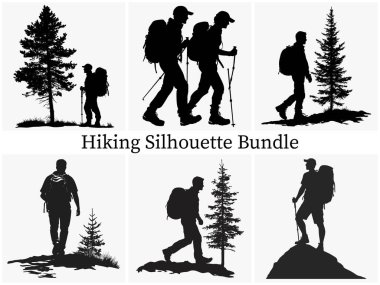 Outdoor Hiking Silhouette Clipart SVG Paket Tasarımı. Epic Hiking Silhouette Macerası, Sırt çantalı Siluet, Günbatımında Yürüyüşçünün Silueti, Gündoğumu Trekking Silhouette, Hiking Silhouette Koleksiyonu