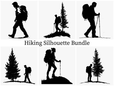 Outdoor Hiking Silhouette Clipart SVG Paket Tasarımı. Epic Hiking Silhouette Macerası, Sırt çantalı Siluet, Günbatımında Yürüyüşçünün Silueti, Gündoğumu Trekking Silhouette, Hiking Silhouette Koleksiyonu