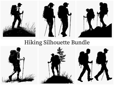 Outdoor Hiking Silhouette Clipart SVG Paket Tasarımı. Epic Hiking Silhouette Macerası, Sırt çantalı Siluet, Günbatımında Yürüyüşçünün Silueti, Gündoğumu Trekking Silhouette, Hiking Silhouette Koleksiyonu