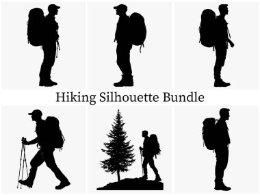 Outdoor Hiking Silhouette Clipart SVG Paket Tasarımı. Epic Hiking Silhouette Macerası, Sırt çantalı Siluet, Günbatımında Yürüyüşçünün Silueti, Gündoğumu Trekking Silhouette, Hiking Silhouette Koleksiyonu
