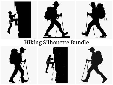 Outdoor Hiking Silhouette Clipart SVG Paket Tasarımı. Epic Hiking Silhouette Macerası, Sırt çantalı Siluet, Günbatımında Yürüyüşçünün Silueti, Gündoğumu Trekking Silhouette, Hiking Silhouette Koleksiyonu