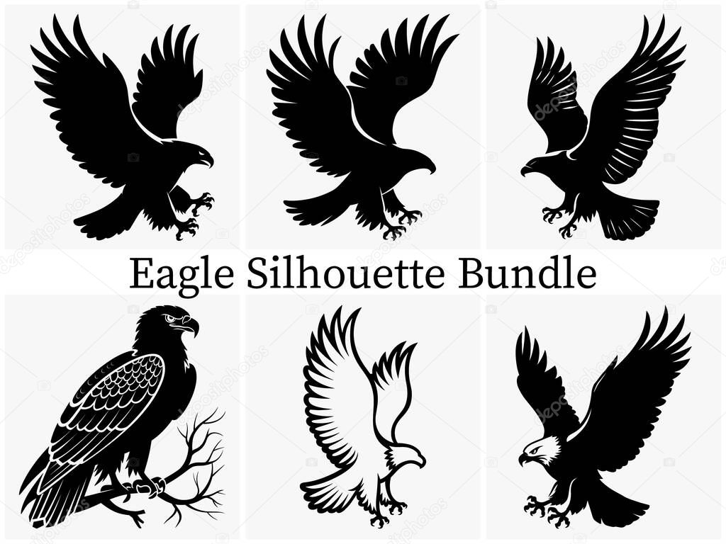 Majestic Eagle Silhouette clipart SVG Bundle Design Perfect for Iconic Symbol of Strength & Freedom. Flying Eagle Silhouette, Vintage Eagle Face Silhouette, Eagle Vector Illustration.