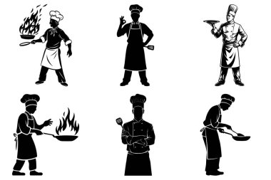 Mutfak Projeleri için Profesyonel Aşçılık Şefi Silueti, Gıda Temaları için Siyah ve Beyaz Aşçı Clipart.