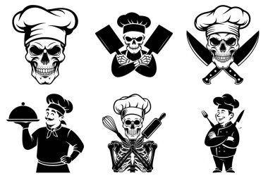 Mutfak Projeleri için Profesyonel Aşçılık Şefi Silueti, Gıda Temaları için Siyah ve Beyaz Aşçı Clipart.