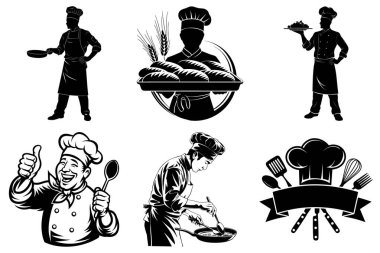 Mutfak Projeleri için Profesyonel Aşçılık Şefi Silueti, Gıda Temaları için Siyah ve Beyaz Aşçı Clipart.