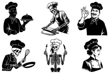 Mutfak Projeleri için Profesyonel Aşçılık Şefi Silueti, Gıda Temaları için Siyah ve Beyaz Aşçı Clipart.