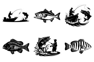 Asgari Balıkçı Bas Silueti Vektör İllüstrasyon Paketi, Balıkçı Silueti Logolar ve Giysiler İçin Mükemmel.