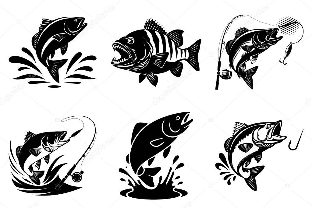 Minimalist Fishing Bass Silhouette Vector Illustration Bundle, Fisherman Silhouette Perfect for Logos and Apparel.