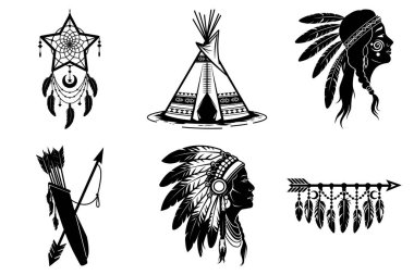 Tarihi Yerli Amerikan Silueti Clipart Vector Illustration Bundle. Geleneksel Amerikan Yerli Kültürü, Yerli Halkı, Amerikan Ruh Resimleri Tasarımı.