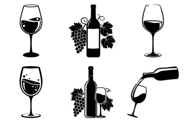 Minimalist Şarap Şişesi ve Cam Siluetler SVG Paket Tasarımı. Romantik Şarap, Şık Şarap, Şık Şarap, Klasik Şarap, Kırsal Şarap Vektörü İllüstrasyonu.