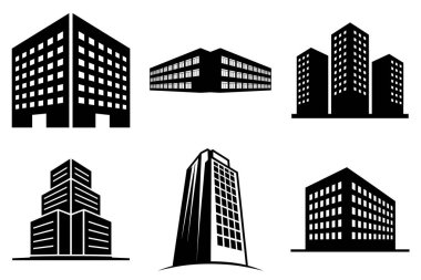 Minimalist Kentsel Şehir Binası Siluet Clipart Paketi. Modern Şehir Binası, Gökdelen, Şehir Binası, Yüksek Binalar, Emlak Binası Vektör İllüstrasyonu.
