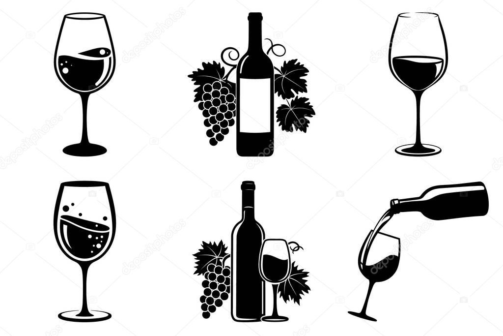 Minimalist Wine Bottle and Glass Silhouettes clipart SVG Bundle Design. Romantic Wine, Elegant Wine, Stylish Wine, Classic Wine ,Rustic Wine Vector Illustration.