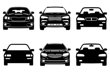 Minimalist Siyah Araba Silüeti Clipart Beyaz Arkaplanda tecrit edildi. Şık Araba, Şık Araç, Modern Araba, Klasik Araba, Otomobil, Eski Araba, Küçük Araba, Kas Arabası, Lüks Araba, Elektrikli Araba, Yarış Arabası Vector Illustration.