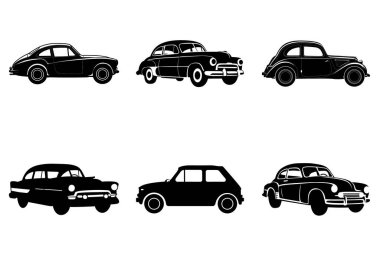 Minimalist Siyah Araba Silüeti Clipart Beyaz Arkaplanda tecrit edildi. Şık Araba, Şık Araç, Modern Araba, Klasik Araba, Otomobil, Eski Araba, Küçük Araba, Kas Arabası, Lüks Araba, Elektrikli Araba, Yarış Arabası Vector Illustration.