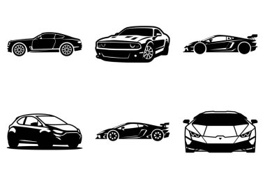 Minimalist Siyah Araba Silüeti Clipart Beyaz Arkaplanda tecrit edildi. Şık Araba, Şık Araç, Modern Araba, Klasik Araba, Otomobil, Eski Araba, Küçük Araba, Kas Arabası, Lüks Araba, Elektrikli Araba, Yarış Arabası Vector Illustration.