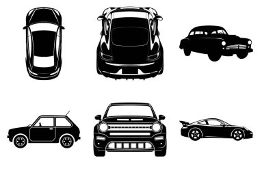 Minimalist Siyah Araba Silüeti Clipart Beyaz Arkaplanda tecrit edildi. Şık Araba, Şık Araç, Modern Araba, Klasik Araba, Otomobil, Eski Araba, Küçük Araba, Kas Arabası, Lüks Araba, Elektrikli Araba, Yarış Arabası Vector Illustration.