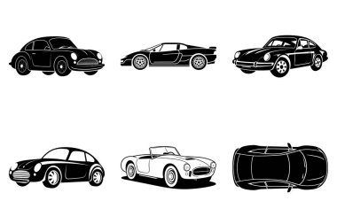 Minimalist Siyah Araba Silüeti Clipart Beyaz Arkaplanda tecrit edildi. Şık Araba, Şık Araç, Modern Araba, Klasik Araba, Otomobil, Eski Araba, Küçük Araba, Kas Arabası, Lüks Araba, Elektrikli Araba, Yarış Arabası Vector Illustration.