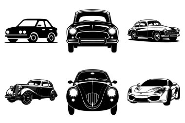 Minimalist Siyah Araba Silüeti Clipart Beyaz Arkaplanda tecrit edildi. Şık Araba, Şık Araç, Modern Araba, Klasik Araba, Otomobil, Eski Araba, Küçük Araba, Kas Arabası, Lüks Araba, Elektrikli Araba, Yarış Arabası Vector Illustration.