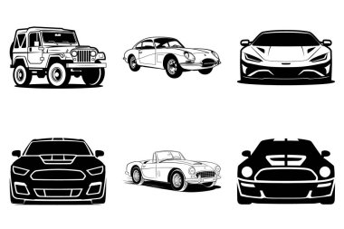 Minimalist Siyah Araba Silüeti Clipart Beyaz Arkaplanda tecrit edildi. Şık Araba, Şık Araç, Modern Araba, Klasik Araba, Otomobil, Eski Araba, Küçük Araba, Kas Arabası, Lüks Araba, Elektrikli Araba, Yarış Arabası Vector Illustration.