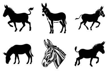 Minimalist Eşek Silueti Clipart Paket Tasarımı. Klasik Eşek, Rustik Eşek, Şirin Eşek, Eşek Surat, Ayakta duran Eşek, Eşek Tarafı Görünümü, Vahşi Eşek, Burro Siluet SVG Paketi. Eşek Çiftliği Hayvan Vektörü İllüstrasyonu.