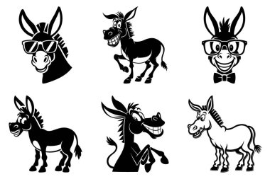 Minimalist Eşek Silueti Clipart Paket Tasarımı. Klasik Eşek, Rustik Eşek, Şirin Eşek, Eşek Surat, Ayakta duran Eşek, Eşek Tarafı Görünümü, Vahşi Eşek, Burro Siluet SVG Paketi. Eşek Çiftliği Hayvan Vektörü İllüstrasyonu.