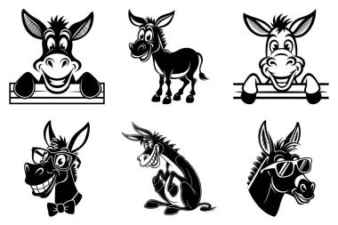 Minimalist Eşek Silueti Clipart Paket Tasarımı. Klasik Eşek, Rustik Eşek, Şirin Eşek, Eşek Surat, Ayakta duran Eşek, Eşek Tarafı Görünümü, Vahşi Eşek, Burro Siluet SVG Paketi. Eşek Çiftliği Hayvan Vektörü İllüstrasyonu.