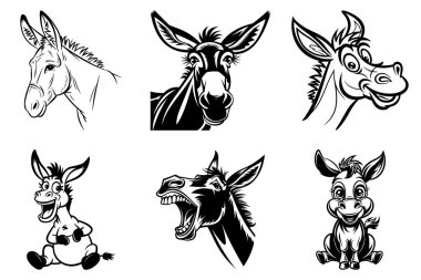 Minimalist Eşek Silueti Clipart Paket Tasarımı. Klasik Eşek, Rustik Eşek, Şirin Eşek, Eşek Surat, Ayakta duran Eşek, Eşek Tarafı Görünümü, Vahşi Eşek, Burro Siluet SVG Paketi. Eşek Çiftliği Hayvan Vektörü İllüstrasyonu.