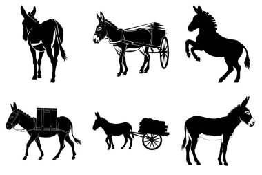 Minimalist Eşek Silueti Clipart Paket Tasarımı. Klasik Eşek, Rustik Eşek, Şirin Eşek, Eşek Surat, Ayakta duran Eşek, Eşek Tarafı Görünümü, Vahşi Eşek, Burro Siluet SVG Paketi. Eşek Çiftliği Hayvan Vektörü İllüstrasyonu.