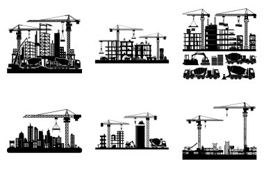 İnşaat işçileri ve ekipman silueti Clipart Bundle Design - İnşaatçılar, Araçlar ve Makineler Grafik Seti. Yapı Vektörü illüstrasyonu.