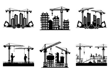 İnşaat işçileri ve ekipman silueti Clipart Bundle Design - İnşaatçılar, Araçlar ve Makineler Grafik Seti. Yapı Vektörü illüstrasyonu.