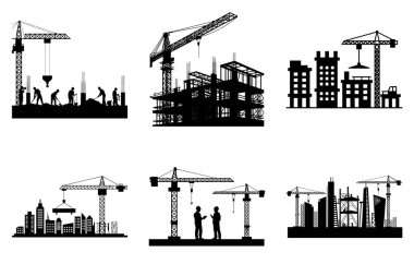 İnşaat işçileri ve ekipman silueti Clipart Bundle Design - İnşaatçılar, Araçlar ve Makineler Grafik Seti. Yapı Vektörü illüstrasyonu.